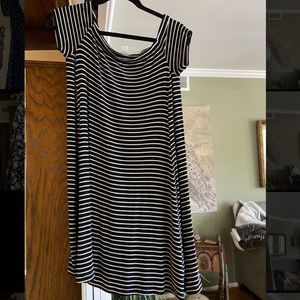 Black and white striped, off the shoulder dress